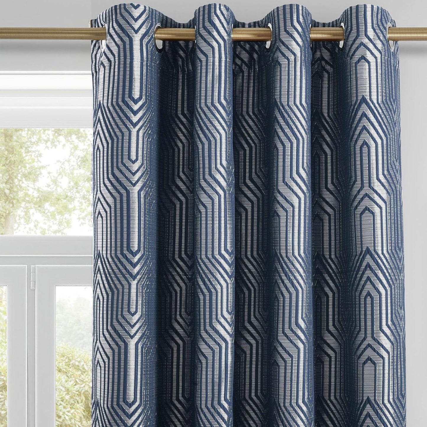 Indigo Blue 100% Blackout Jacquard Geometric Pattern Curtains