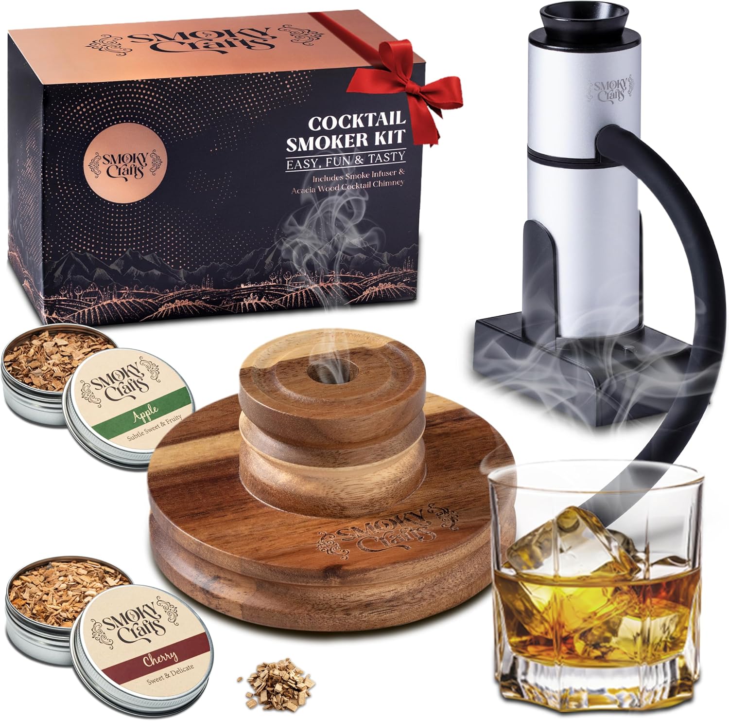 Acacia Whiskey Smoker Kit with Smoking Gun and Wood Chips Set