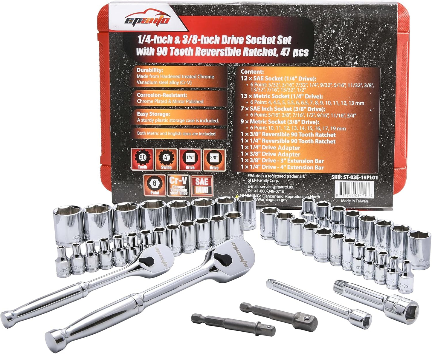 EPAuto 47 Pieces Socket Set with 90 Tooth Reversible Ratchet