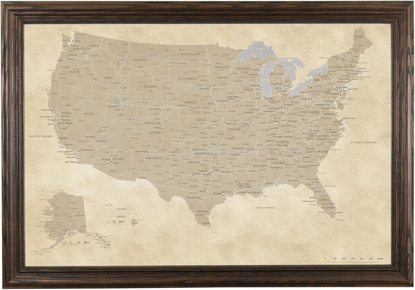 Push Pin Travel Maps Vintage USA Solid Wood Framed Pin Map