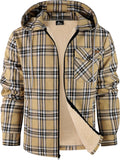 Men's Flannel Jacket Zip Up Fleece Hoodie - Sherpa Lined Plaid
