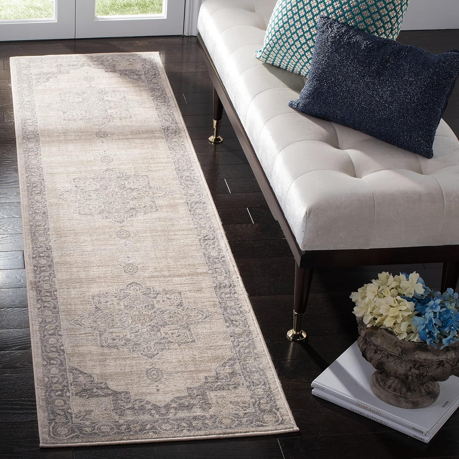 Brentwood Collection Runner Rug - 2ft x 18ft in Cream & Grey