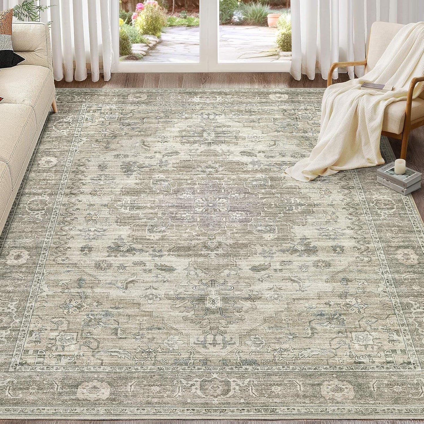 Washable Area Rugs for Living Room - Vintage Distressed Floral