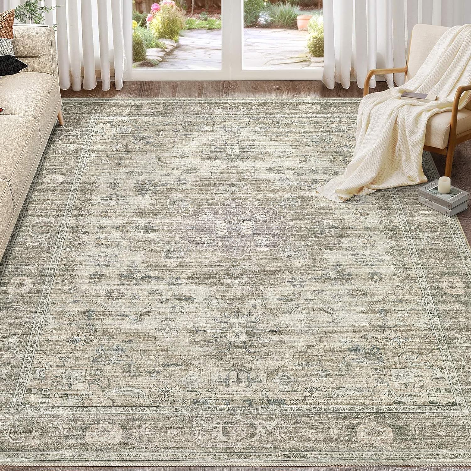 Washable Area Rugs for Living Room - Vintage Distressed Floral