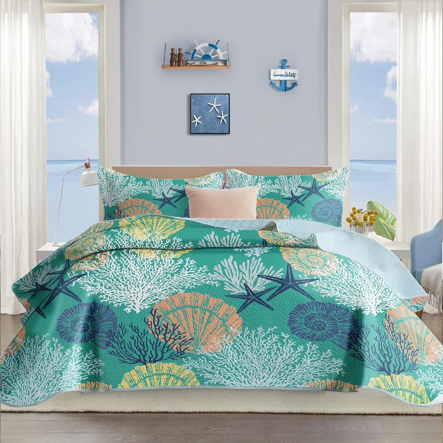 Coastal Quilt Set King Size - Reversible Microfiber Bedding