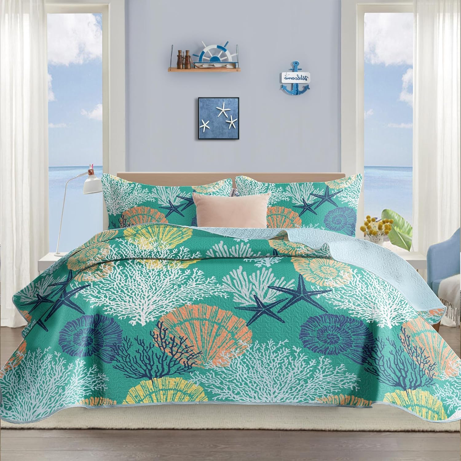 Coastal Quilt Set King Size - Reversible Microfiber Bedding