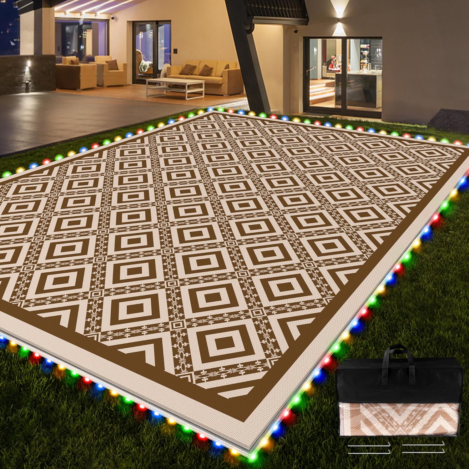 RV Outdoor Rug with Lights 8x10ft for Camping and Picnics