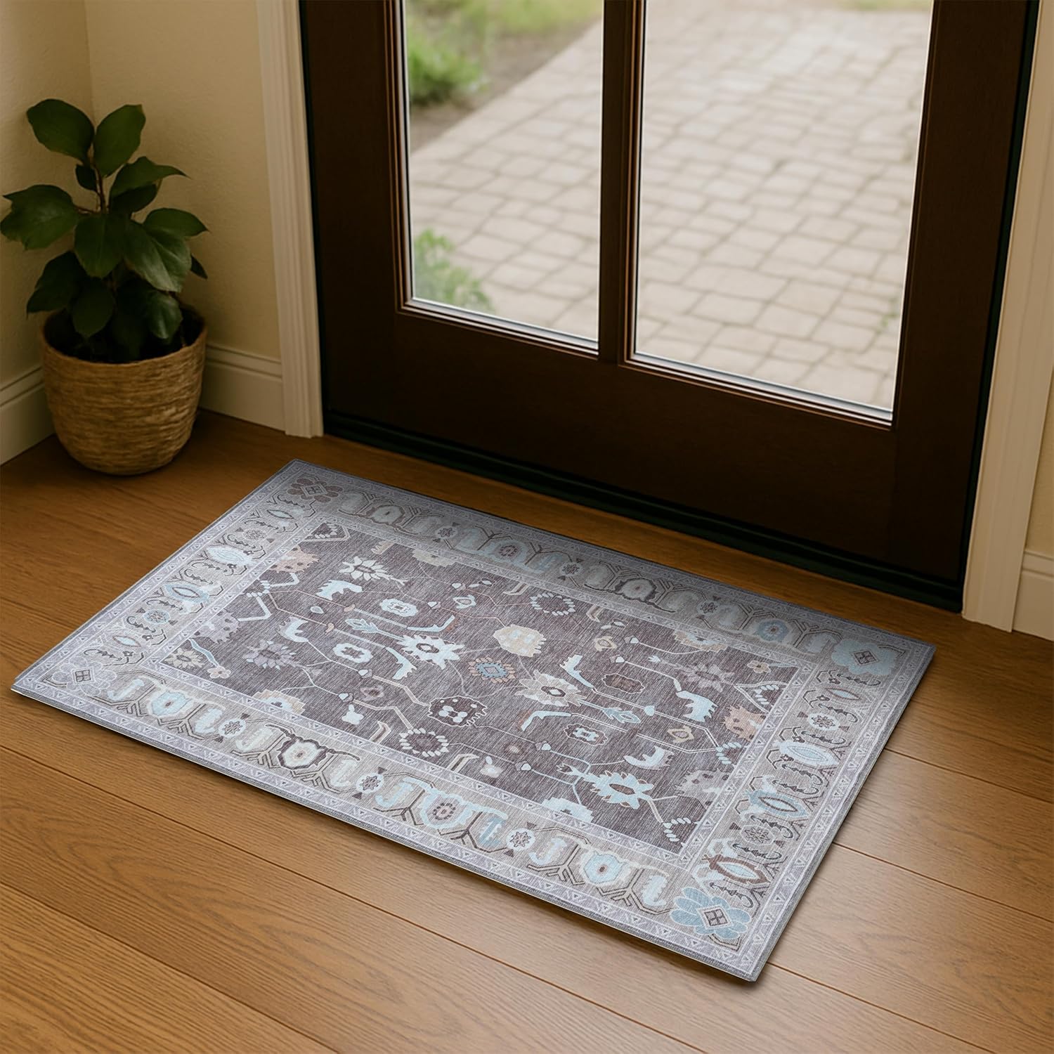 Brown Oushak Rug - Vintage Floral Design for High Traffic Areas