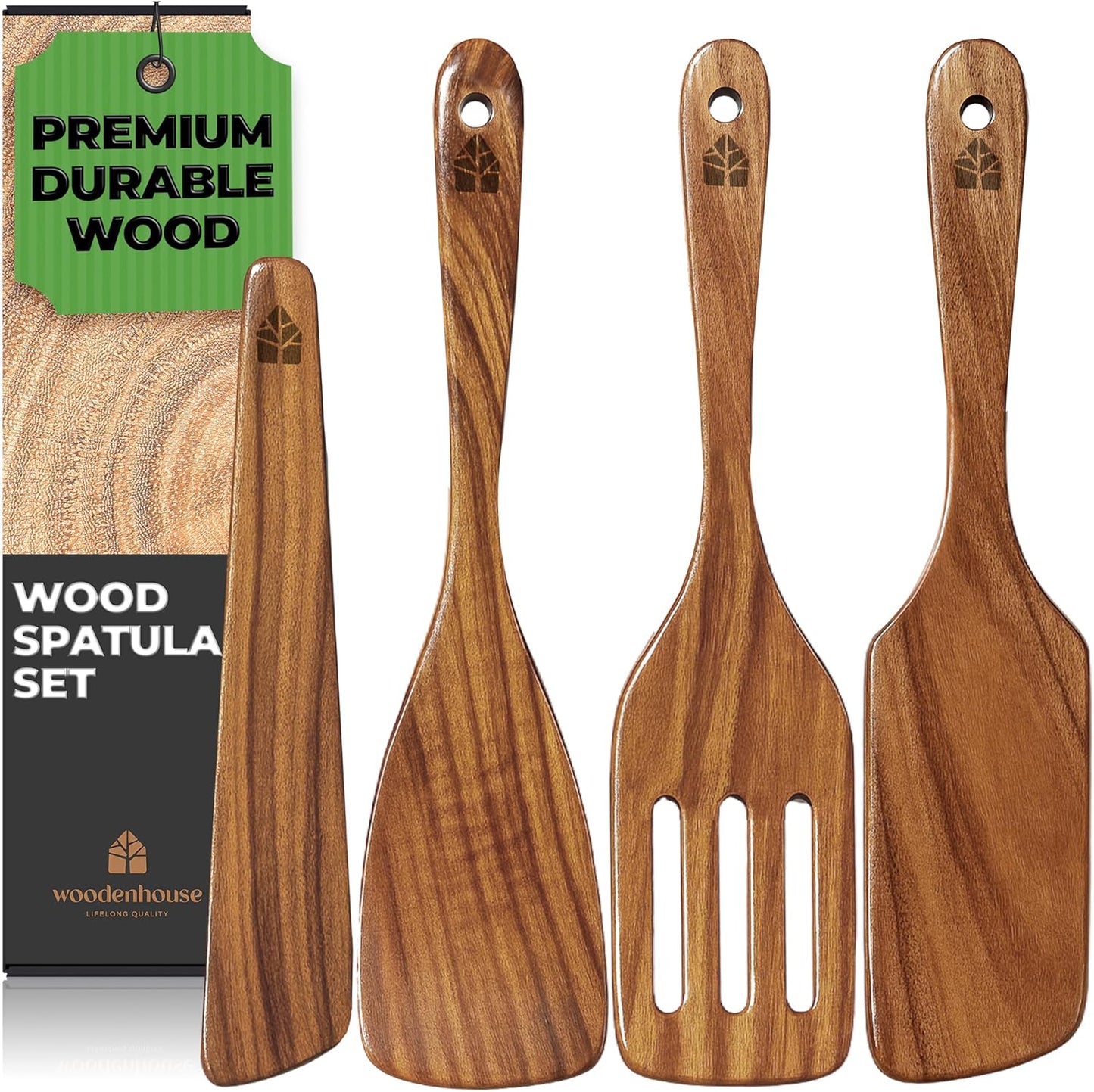 Wooden Spatula Set of 4 for Cooking - Teak Kitchen Utensils