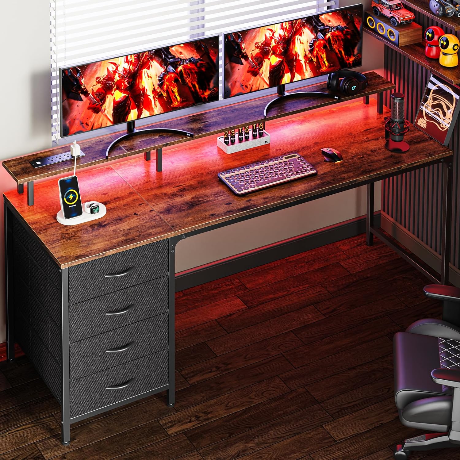 63 Inch Rustic Brown Gaming & Office Computer Desk with LED Lights