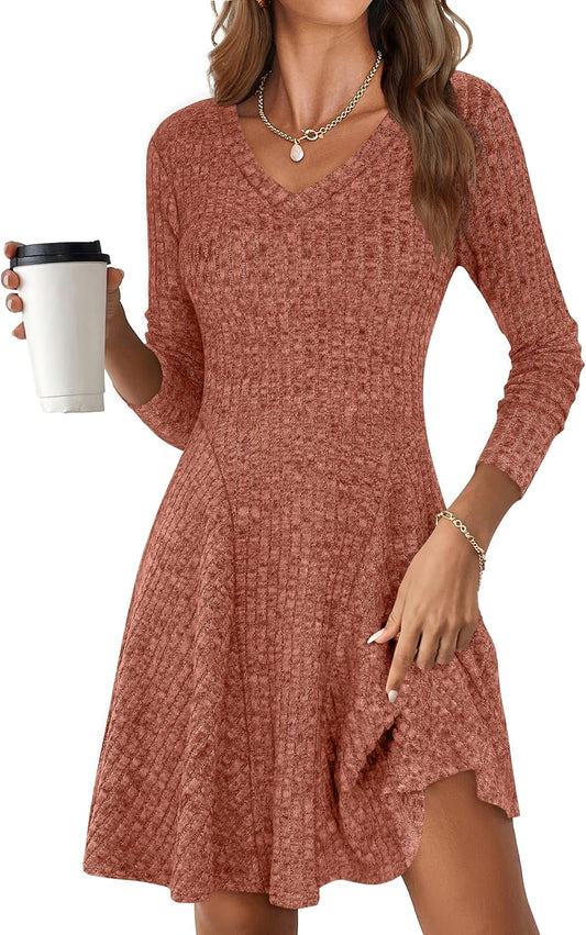ANRABESS Women Long Sleeve Ribbed Knit Short Dress for Fall