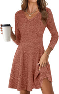 Women Long Sleeve Ribbed Knit Short Dress - Flattering A Line Sweater