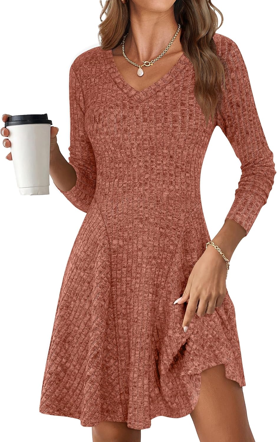 ANRABESS Women Long Sleeve Ribbed Knit Short Dress for Fall