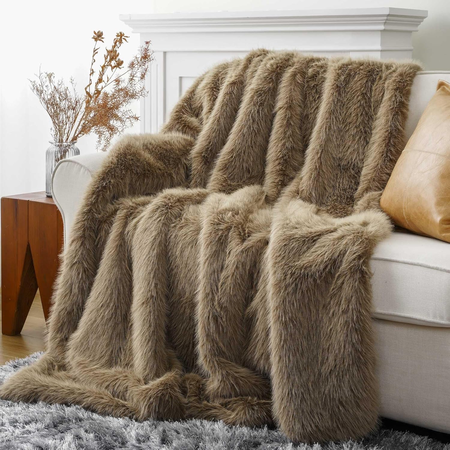 Luxury Tan Fluffy Faux Fur Throw Blanket for Cozy Comfort