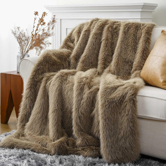 Luxury Tan Fluffy Faux Fur Throw Blanket for Cozy Comfort