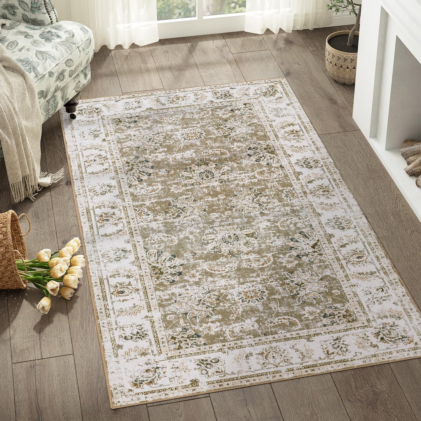 Floral 3x5 Area Rugs for Entryway - Vintage Distressed Design