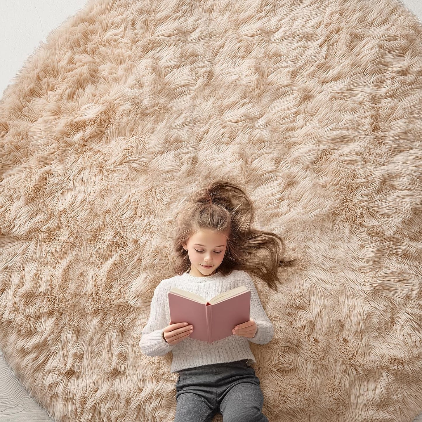 OLANLY Beige Round Rugs for Bedroom - Soft and Fluffy Design