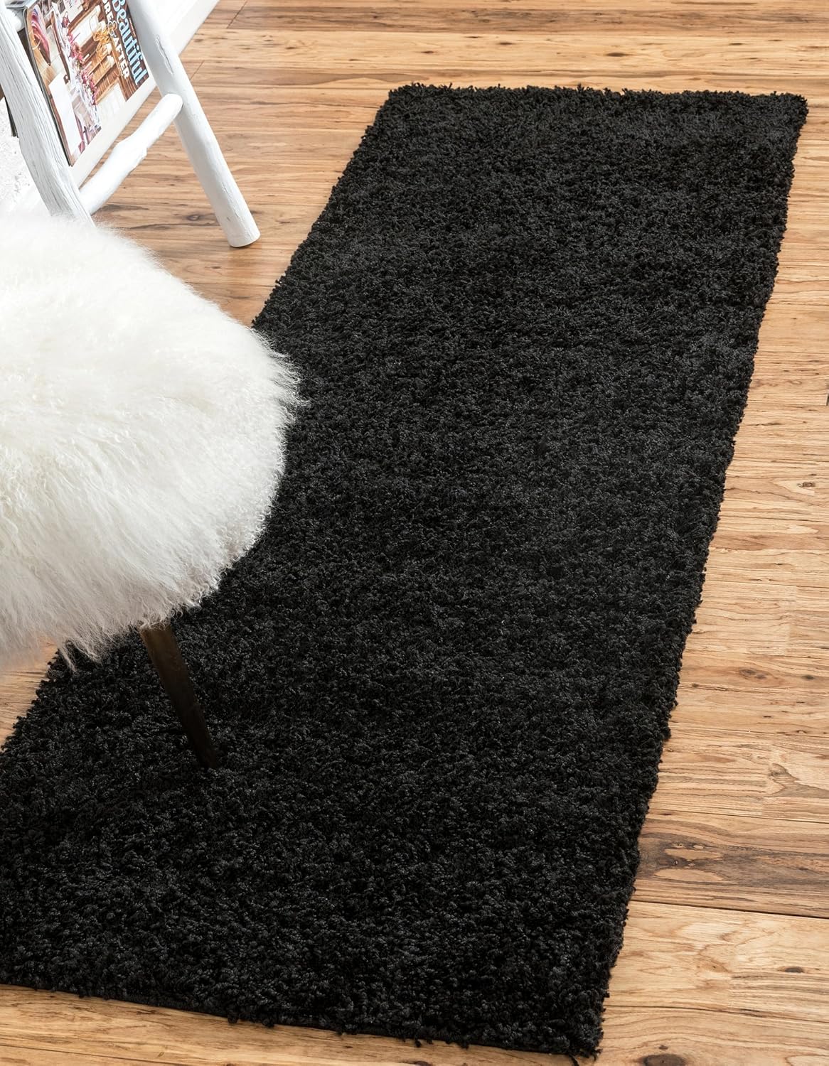 Unique Loom Solid Shag Area Rug Runner in Jet Black for Comfort