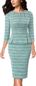 VFSHOW Womens Pleated Crew Neck Peplum Work Dress - Professional Fit