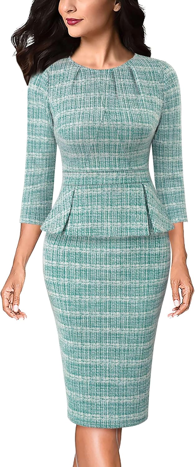 VFSHOW Womens Pleated Crew Neck Peplum Office Dress Review