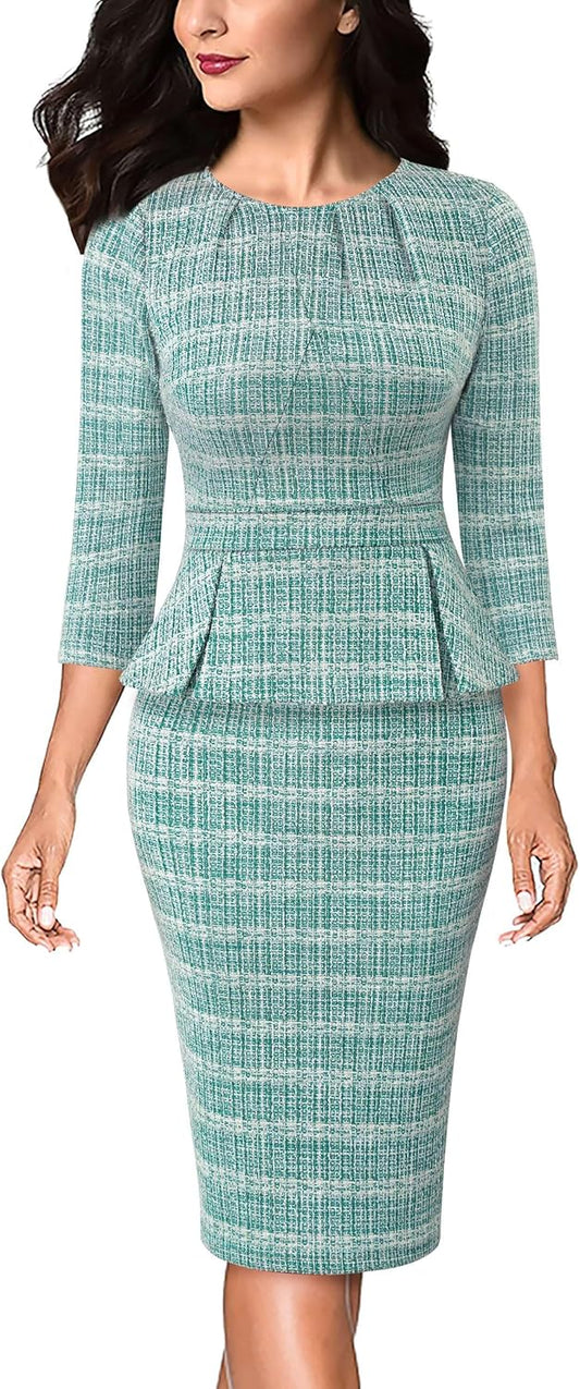 VFSHOW Womens Pleated Crew Neck Peplum Office Dress Review