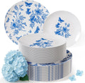 Blue Floral Disposable Plates for Party Supplies - Durable 200 Pc Set