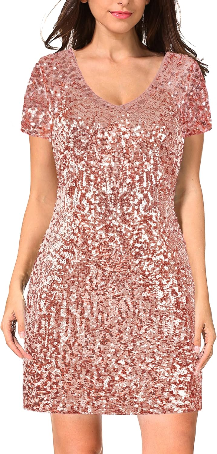 MANER Women's Sequin Glitter Short Sleeve Dress for Parties