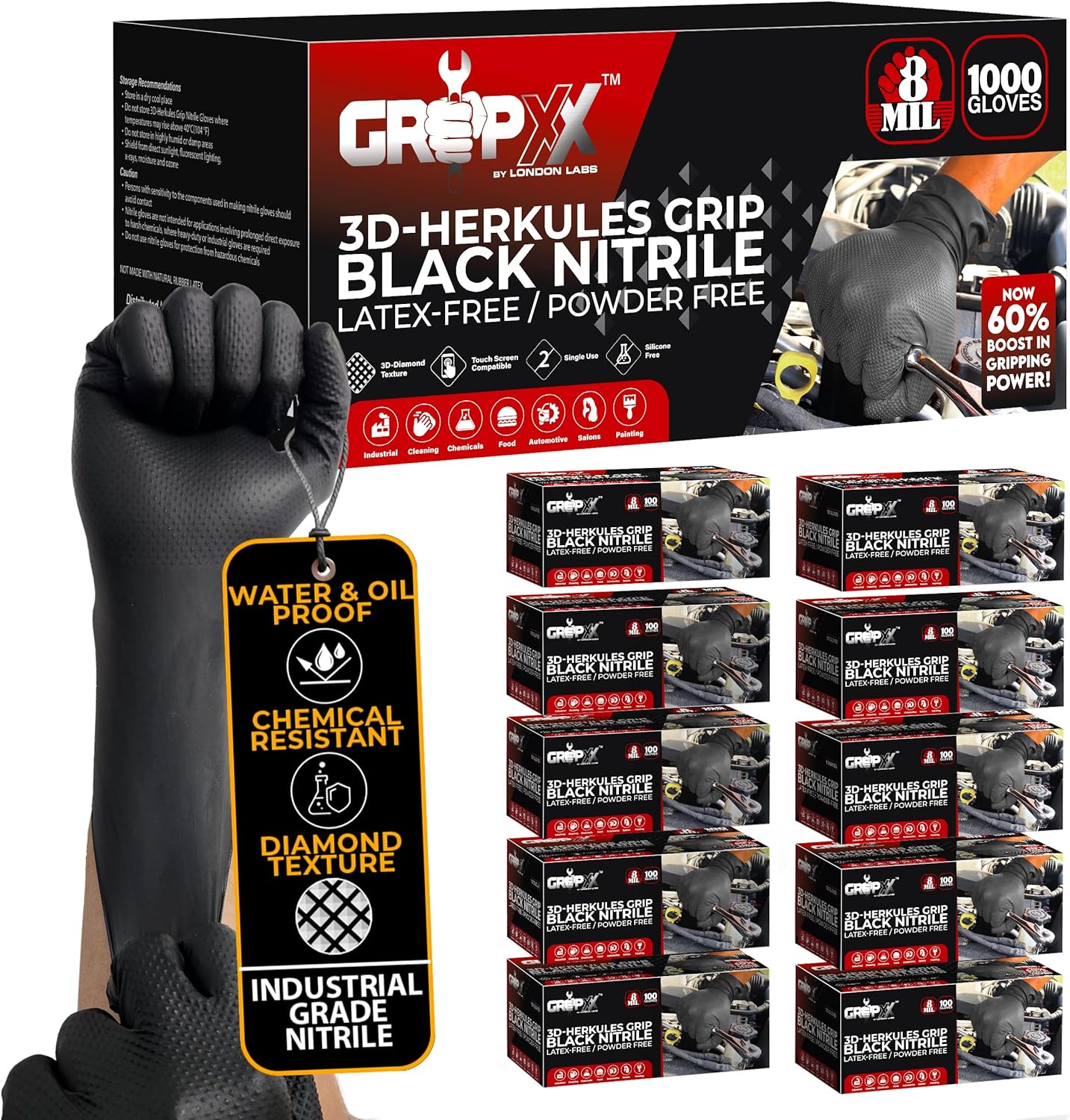 Herkules Grip Heavy Duty 8Mil Black Nitrile Gloves, 3D Raised Diamond Texture, Latex & Powder-Free - GRIPXX