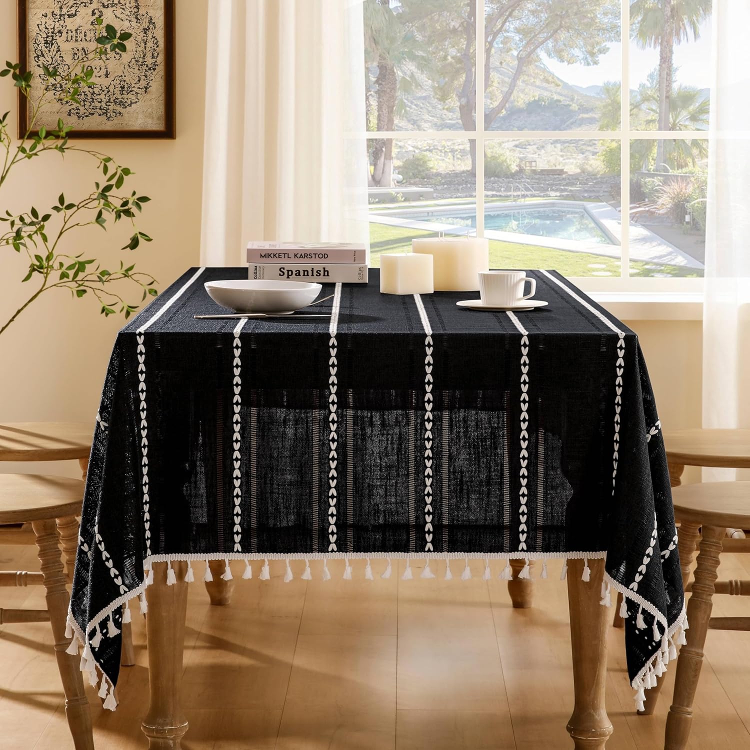 ZeeMart Hemstitched Embroidery Striped Boho Tablecloth 60x104 in