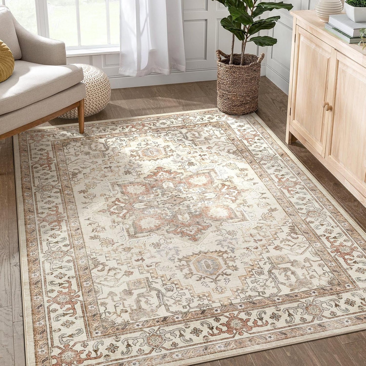 Boho Vintage Washable Area Rug - Beige Beauty