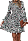 KIRUNDO Women's Fall Floral Print Ruffle Long Sleeve Mini Dress