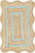 Wave Scalloped Natural Jute Rug - Boho Entryway Runner Sky Blue
