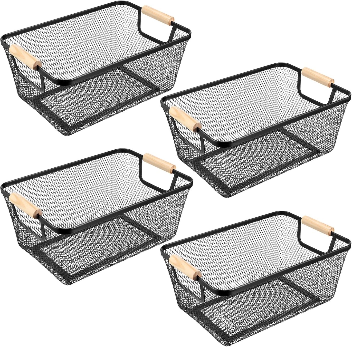 4 Pcs Metal Wire Basket with Wooden Handles for Home Organizing