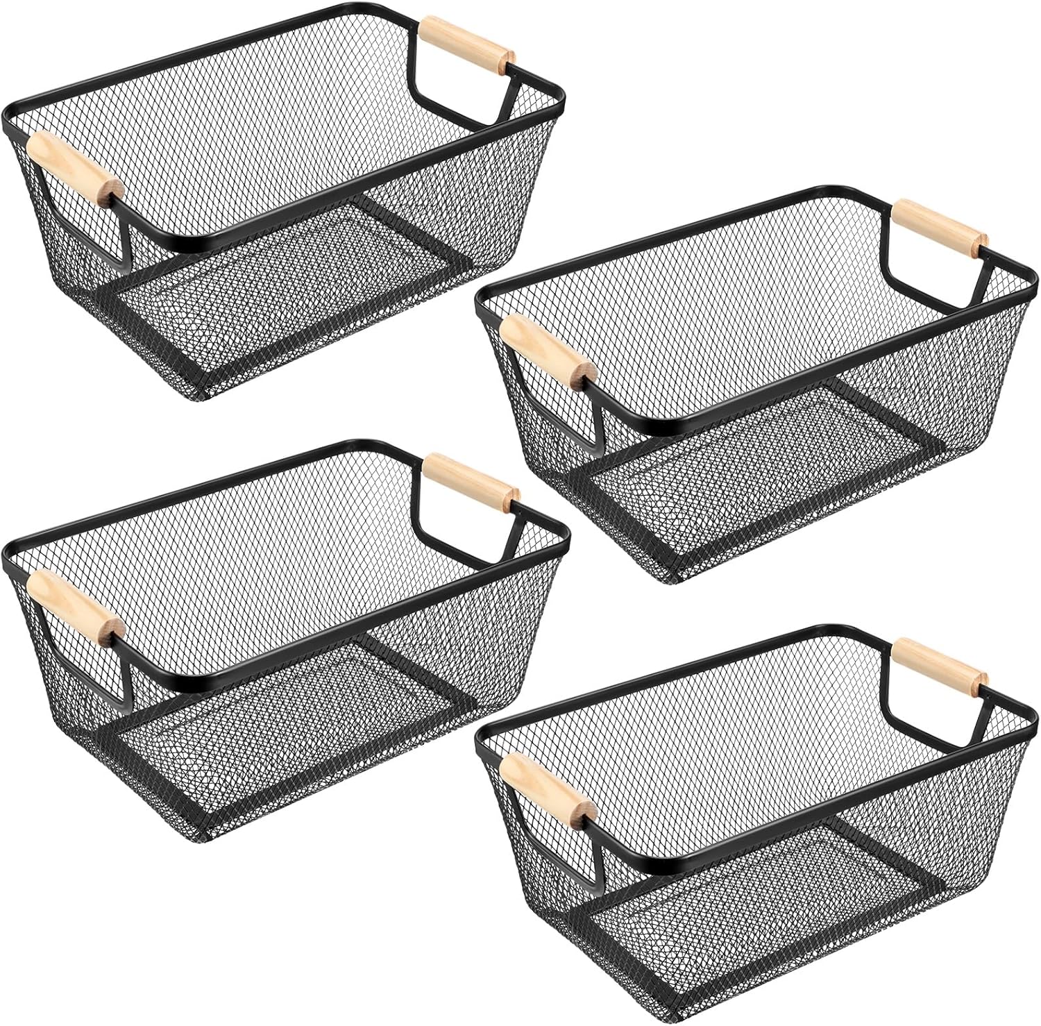 4 Pcs Metal Wire Basket with Wooden Handles for Home Organizing
