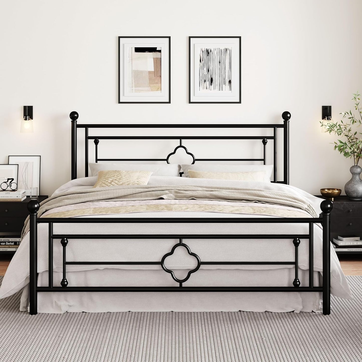 Sturdy King Size Metal Platform Bed Frame with Vintage Design