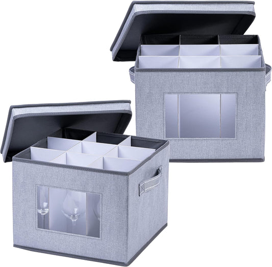 VENO Wine Glass Storage Box with Lid and Handles for 9 Glasses