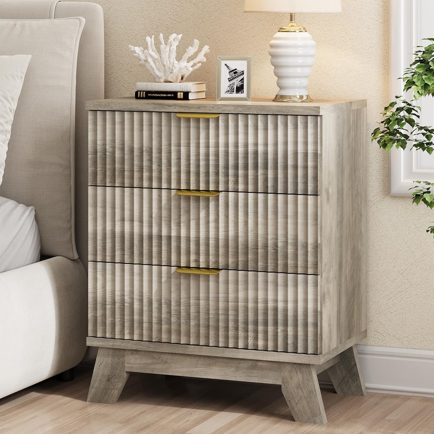 Fluted Nightstand with 3 Large Storage Drawers for Modern Spaces