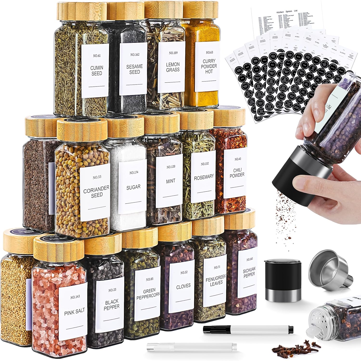 24 Pcs Spice Jars Set with Bamboo Lids and Grinder for Kitchen