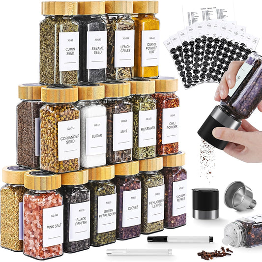 24 Pcs Spice Jars Set with Bamboo Lids and Grinder for Kitchen