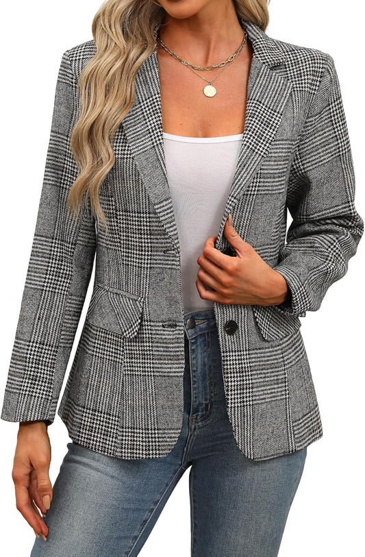 ELLEVEN Women's Lapel Collar Plaid Blazer for Stylish Workwear