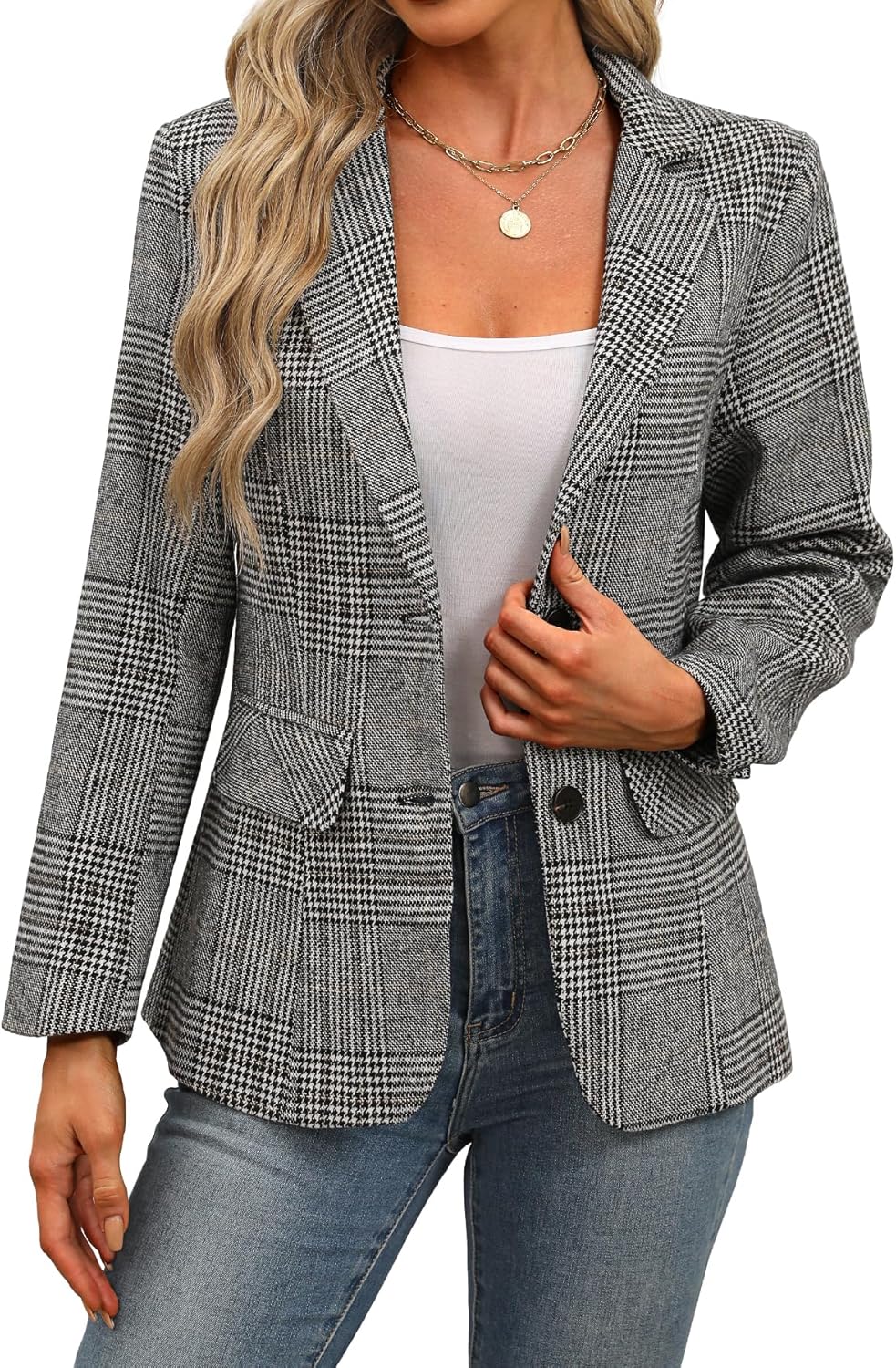 ELLEVEN Women's Lapel Collar Plaid Blazer for Work and Casual