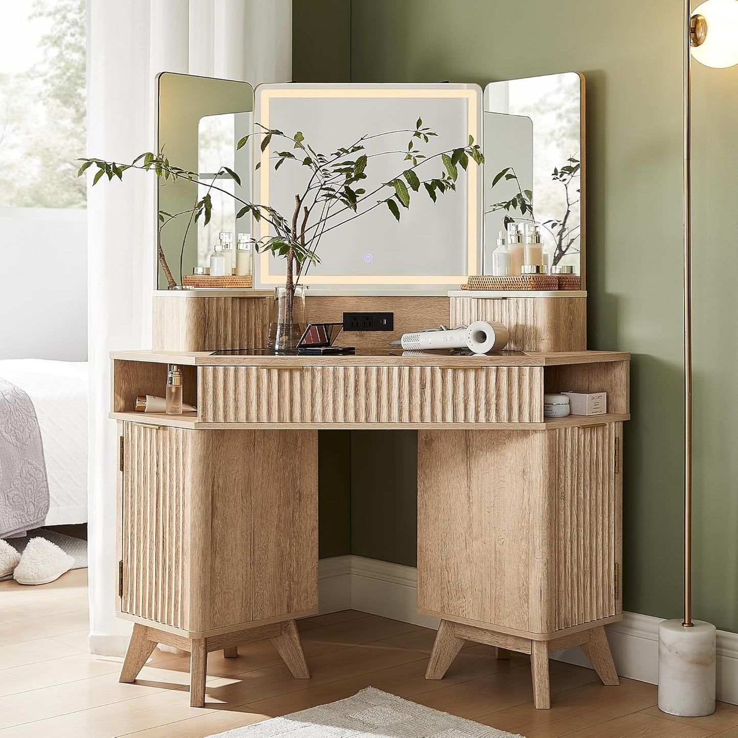 48 Fluted Corner Vanity Desk with 3-Way Mirror & Lights