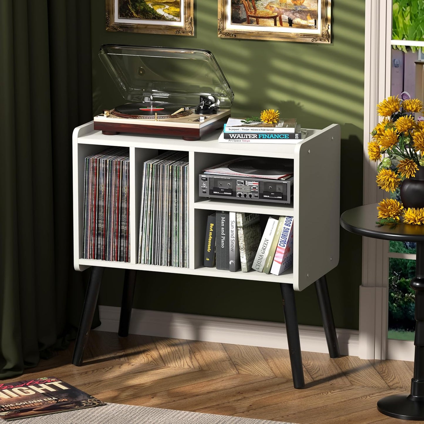 Mid-Century Record Player Stand with Vinyl Storage for Albums