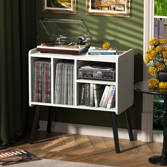 Mid-Century Record Player Stand with Vinyl Storage for Albums