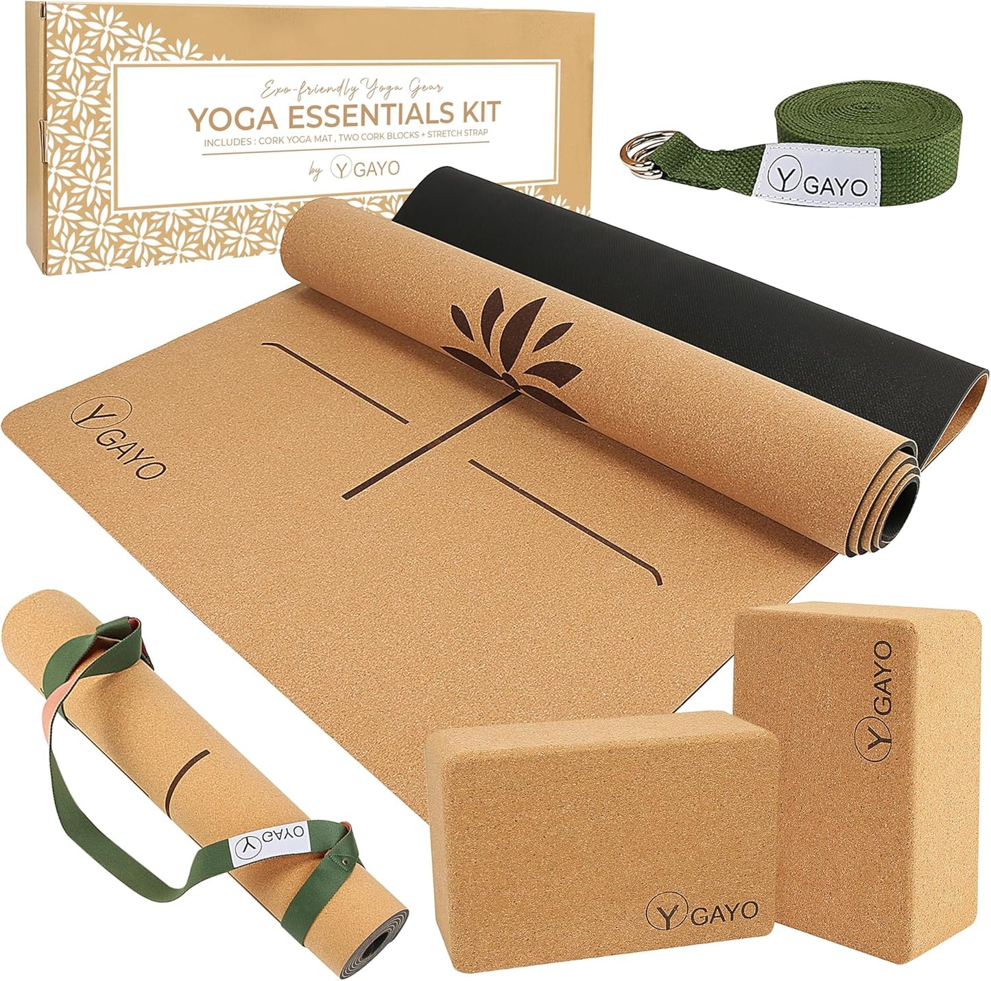 Premium Cork Yoga Kit - Eco-Friendly Large Mat Set with Alignment Lines & Strap