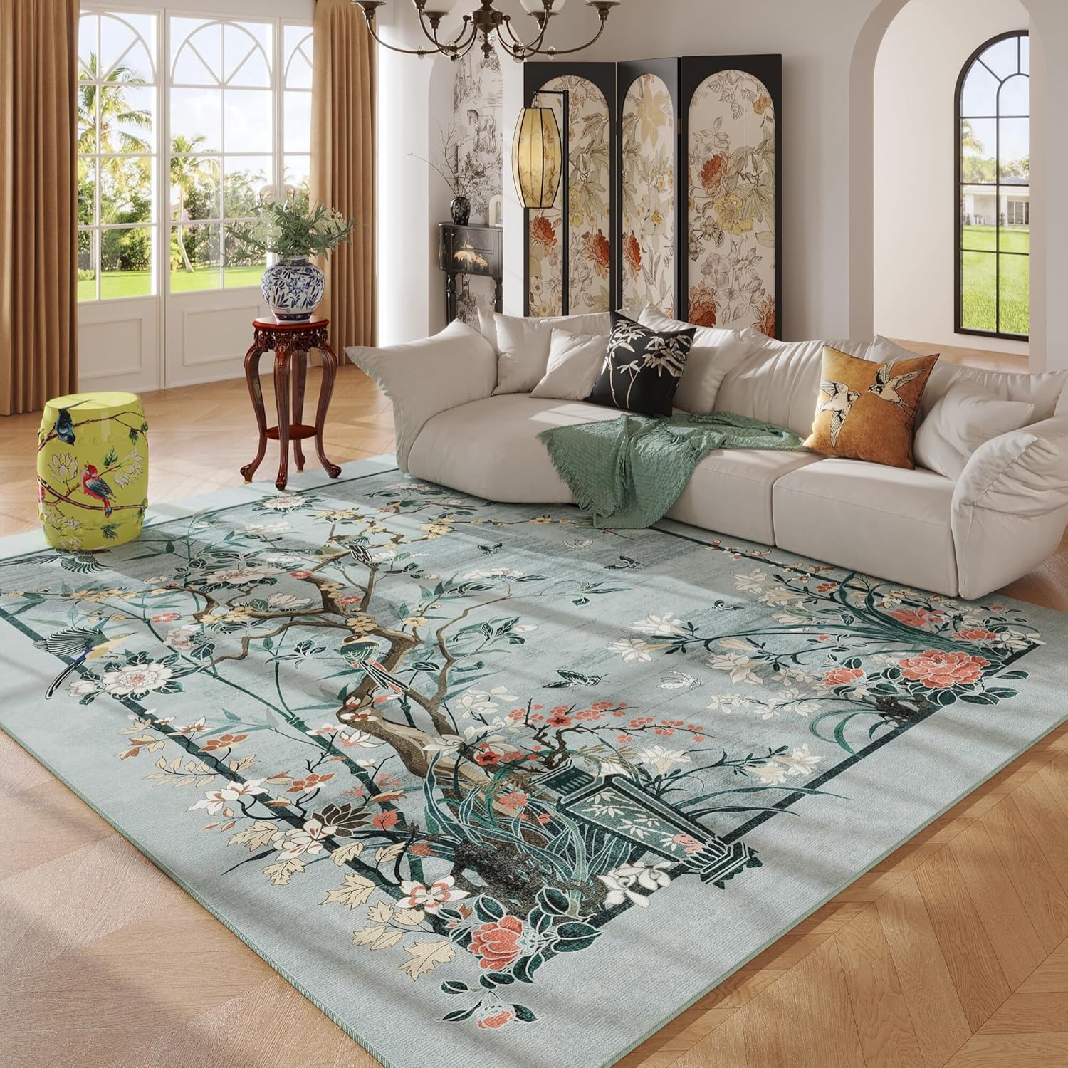 5x7 Area Rugs Chinoiserie-Style Floral Vintage Washable Rug