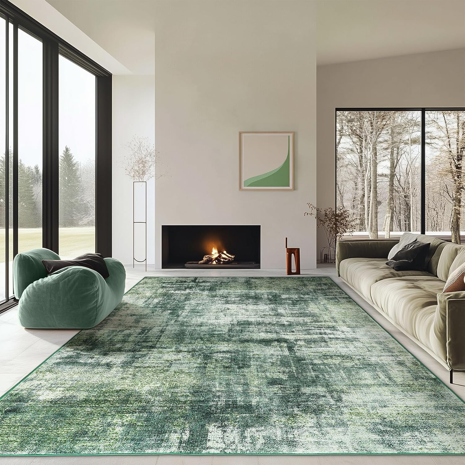 8x10 Area Rug for Living Room - Modern Green Abstract Carpet