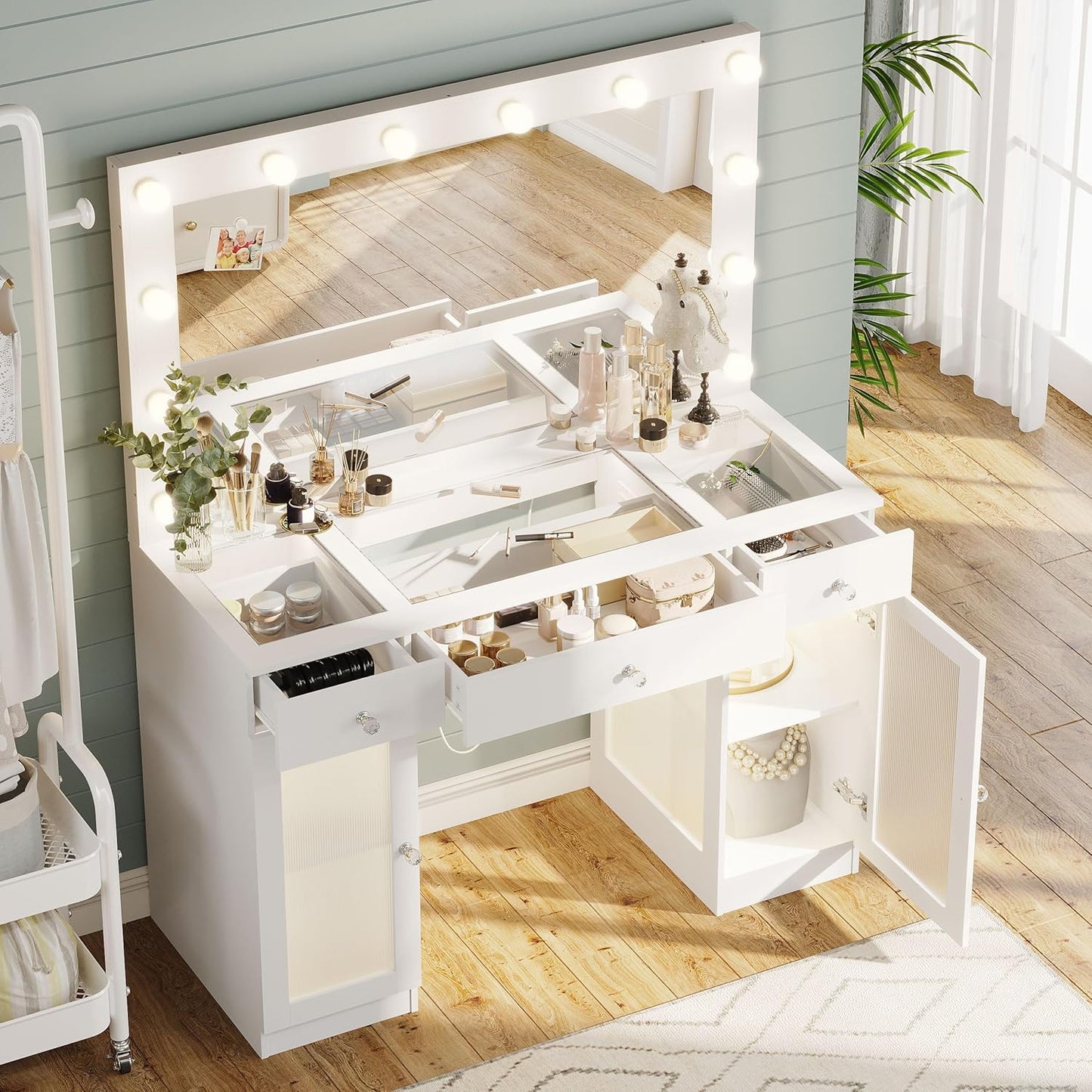 Glass Top Vanity Desk with Lights & Power Outlet for Women