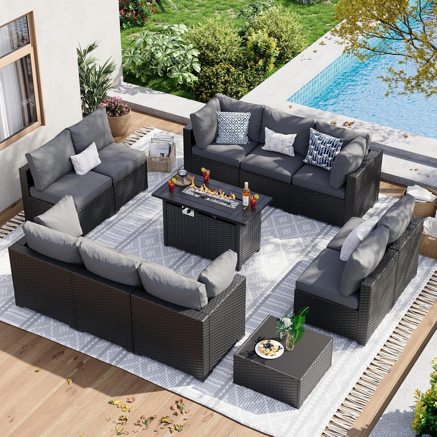 Aoxun 12 Piece Patio Furniture Set with Fire Pit Table for Comfort
