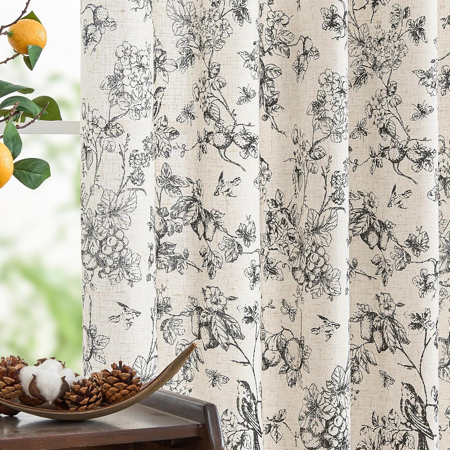 Floral Linen Blend Curtains for Living Room 96 Inch Length